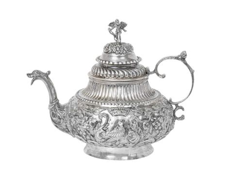 A Dutch Silver Teapot,  Maker's Mark *V2, 1883, With Further Indistinct Marks in the 18th century style, tapering and on spre