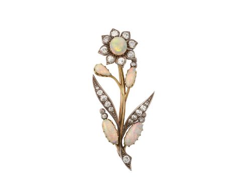 An Opal and Diamond Brooch, circa 1880realistically modelled as a floral spray, set throughout with round, oval and pear cabo