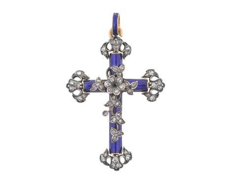 A Late 19th Century Enamel and Diamond Cross Pendant the cross enamelled in blue, with rose cut diamond scroll terminations, 