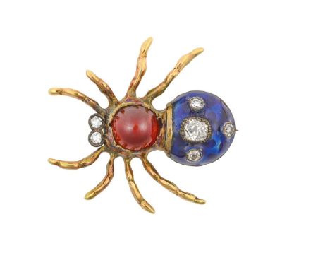 A Late 19th Century Garnet, Enamel and Diamond Brooch modelled as a spider, the body formed of a round cabochon garnet and a 