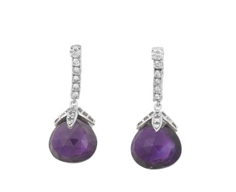 A Pair of 18 Carat White Gold Amethyst and Diamond Drop Earringsa row of round brilliant cut diamonds suspends a briolette cu