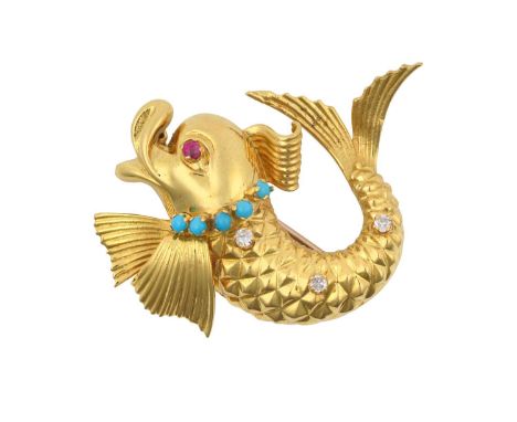 An 18 Carat Gold Multi-Gem Set Novelty Brooch, by Ben Rosenfeld realistically modelled as a dolphin, the yellow textured body