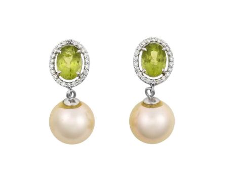 A Pair of 18 Carat White Gold Peridot, Diamond and Pearl Drop Earringsthe oval cut peridot within a border of round brilliant