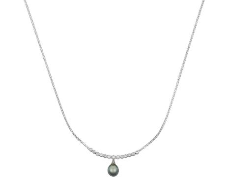 A Diamond and Cultured Pearl Necklace thirteen round brilliant cut diamonds in white rubbed over settings, suspend a single g