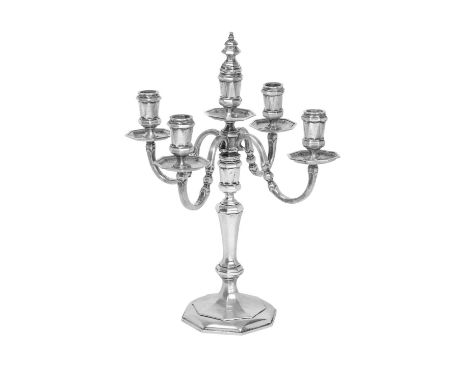 An Elizabeth II Silver Five-Light Candelabra,  by Asprey and Co. Ltd., London, 1972 in the George I style, the cast base octa