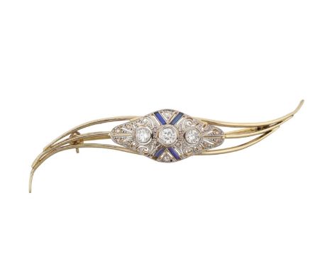 A Synthetic Sapphire and Diamond Broochthree round brilliant cut diamonds in white millegrain settings, to an openwork plaque