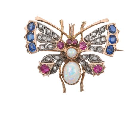 An Opal, Diamond, Sapphire and Ruby Butterfly Brooch, circa 1870set throughout with round and oval cut rubies, oval cut sapph