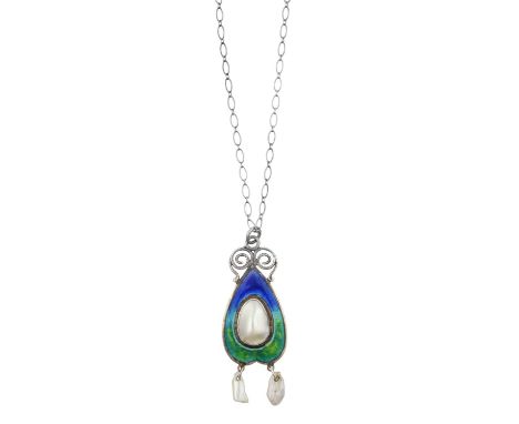 A Silver Arts &amp; Crafts Enamel Pendant on Chain, by James Fentonthe central pear shaped mother-of-pearl plaque within a bo