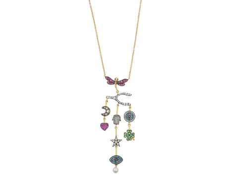 A Multi-Gem Set Chandelier Necklace, by Annoushkaa butterfly, a wishbone, a moon, a star, a four leaf clover, a heart, two ey