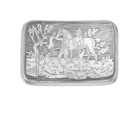 A George III Silver Snuff-Box, Maker's Mark IT, Birmingham, 1812  curved oblong, the hinged cover engraved with a hunting sce