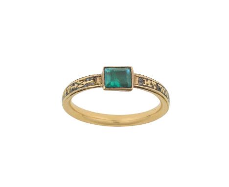 A Quartz and Enamel Mourning Ring the rectangular step-cut quartz in a yellow rubbed over setting, to a shank enamelled in wh