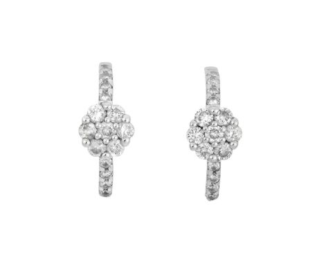 A Pair of 18 Carat White Gold Diamond Hoop Earringsa row of round brilliant cut diamonds with a cluster centrally, in claw se