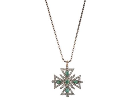 An Emerald and Diamond Pendant on Chain, circa 1830the pendant in the form of the Maltese cross, set throughout with pear cut