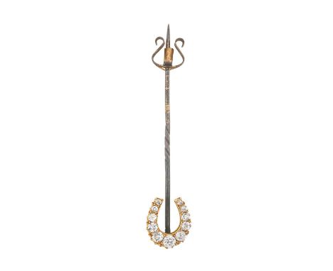 A Diamond Stick Pinthe horseshoe motif set throughout with old cut diamonds, in yellow claw settings, to a white pin with a m