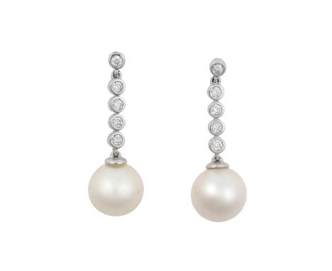A Pair of Cultured Pearl and Diamond Drop Earringsa row of round brilliant cut diamonds in white rubbed over settings, suspen