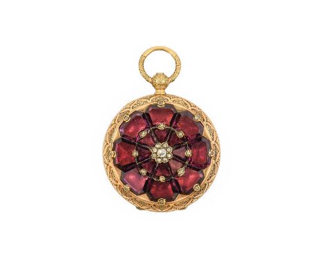 A Lady's Garnet and Diamond Set Fob Watch, circa 1900, gilt finished cylinder movement bearing a later inscription Patek Phil