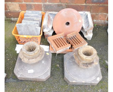 Two stone garden planter bases, together with terracotta trivet, tiles, etc. 