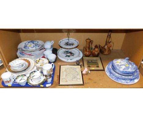 Part dinner wares, to include Wedgwood, a Portmeirion The Holly and The Ivy two tier cake stand, colour etching of Lincoln Ca