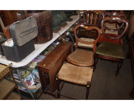 A kidney shaped back chair; together with a string topped stool; a small drop leaf mahogany table and one other chair