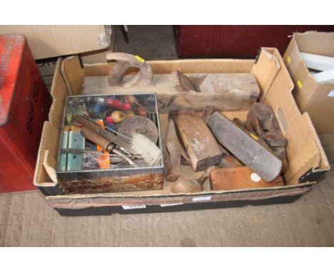 A box containing various hand tools; planes etc