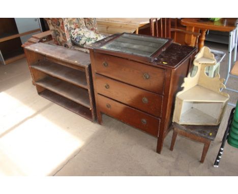 A pine set of shelves together with a three drawer dressing chest (AF); a small stool and a corner shelf