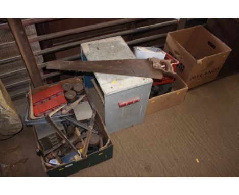 Four boxes of various hand tools etc; together with a shoe rack