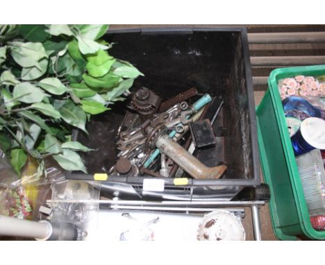 A box of various hand tools; bottle jacks etc.