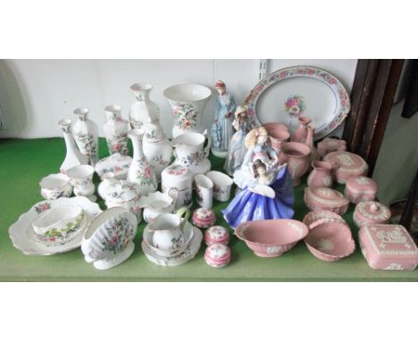 A collection of Wedgwood Jasper wares in a peach colourway comprising 5 vases, a basket, 6 trinket boxes and covers, etc toge