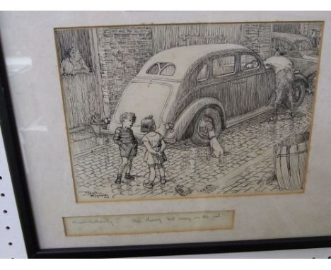 A pair of humorous black and white pen and ink caricatures by Frank Reynolds, one showing a small boy instructing a little gi