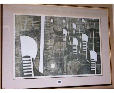 A 20th century limited edition screen print by Sylvia Worthington showing a Venetian canal scene with gondolas, signed bottom