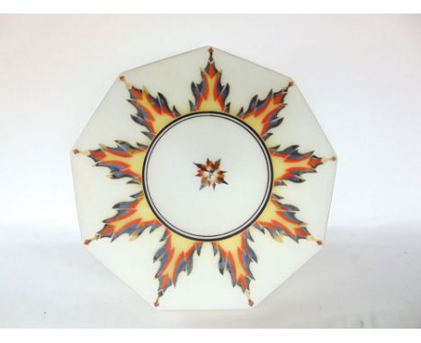 A French Art Deco frosted glass ceiling light painted with metropolis like pattern.