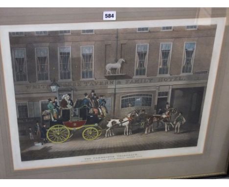 An early 19th century coloured engraving after Pollard showing a coaching scene with The Cambridge Telegraph at The Whitehors