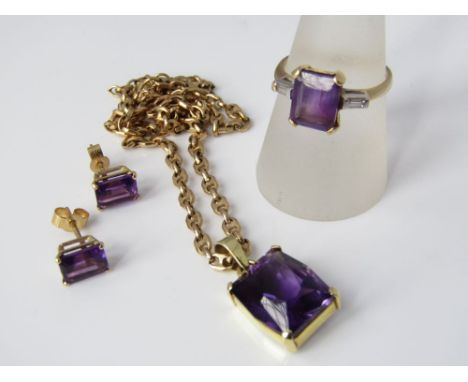 A group of amethyst jewellery comprising 18ct diamond ring, size R/S, 18ct stud earrings and 9k necklace with pendant, 19.5g 