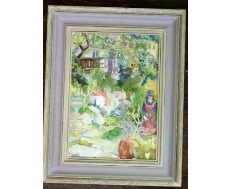 A contemporary oil painting on board of a garden scene with figure and labelled verso Alice J Adams, In a Cotswold garden and