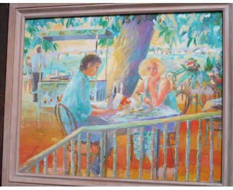A 20th century oil painting on canvas of a colourful coastal scene with figures seated at a beach side cafe, signed bottom le