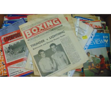 A box containing a collection of mixed football catalogues of various dates 1970's/1980's, two 1950 editions of Boxing News, 