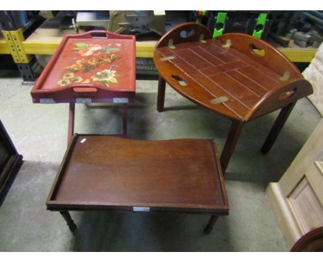 A contemporary butlers tray and stand of usual form, a further painted tray and folding stand together with a Victorian mahog