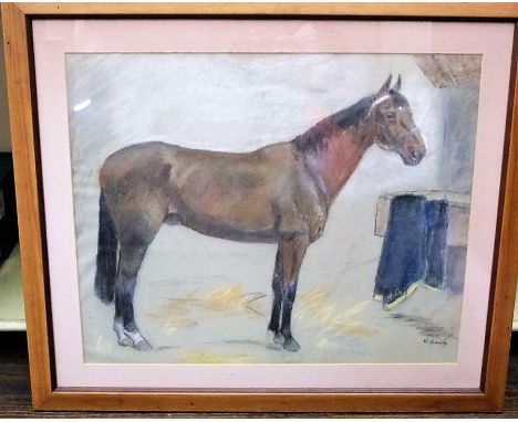 A pastel study of a horse standing in a stable setting, indistinctly signed bottom left K Dearly?, 40cm x 50cm, wooden frame.