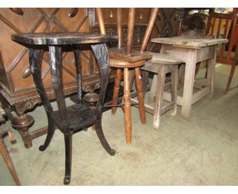 A weathered teak and elm bench of rectangular form, a weathered clerks stool, further Windsor stool with elm top, further pri