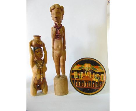 Tribal interest - Two carved wooden female standing figures together with a mogul school lacquered tray together with a pictu