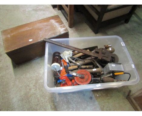 A quantity of vintage hand tools including large wrench, hand drill, etc