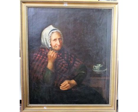 A 19th century oil painting on canvas, half length portrait of an elderly woman smoking a pipe and seated at a table laid wit