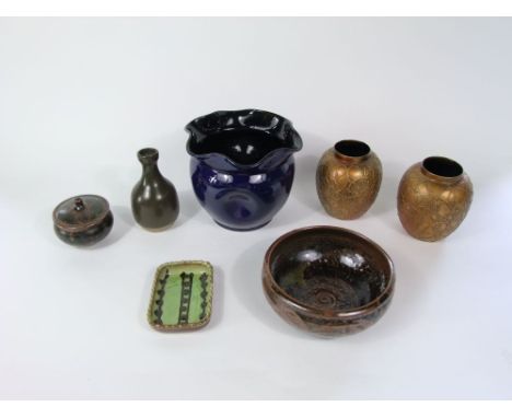 A Studio Pottery bottle shaped vase with drawn neck, matt green glaze, impressed seal mark BL (possibly Bernard Leach), 16 cm