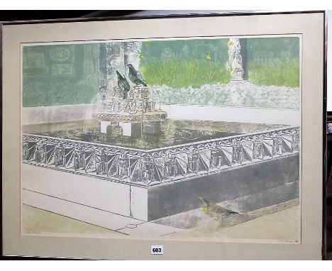 A 20th century coloured limited edition screen print by Sheila Robinson showing a pair of pigeons feeding at a fountain and w