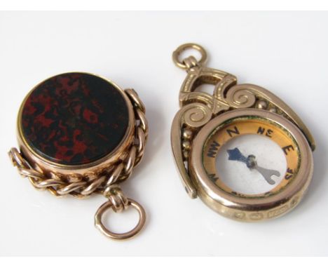A 9ct gold compass watch fob, together with a swivel fob set with bloodstone and carnelian, 12g total