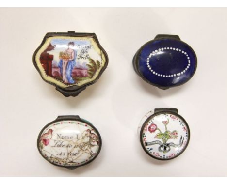 A collection of 4 late 18th and early 19th century Bilston type enamelled pill and patch boxes including a yellow ground exam