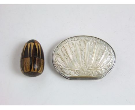 A 19th century continental white metal and mother-of-pearl inlaid snuff box with carved detail together with a 19th century p