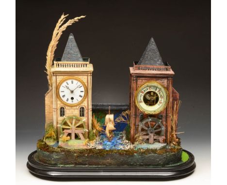 A rare Victorian musical automaton complete with eight day single train clock and aneroid barometer, turning water wheels and