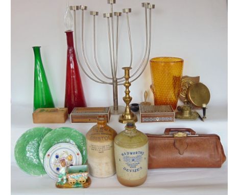 A mixed miscellaneous lot to include a Danish style chrome candelabra, three pieces of Art Glass, various Indian boxes, cabba