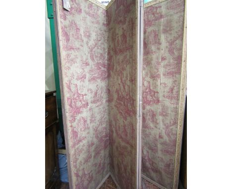 A late 18th century four fold screen/room divider of full height with original early print Toile De Jouy cloth panel showing 
